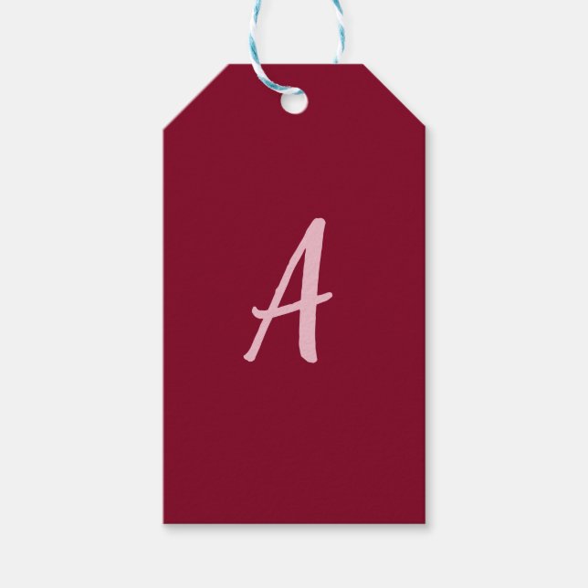Étiquettes-cadeau Monogramme de calligraphie rouge Bourgogne (Devant)
