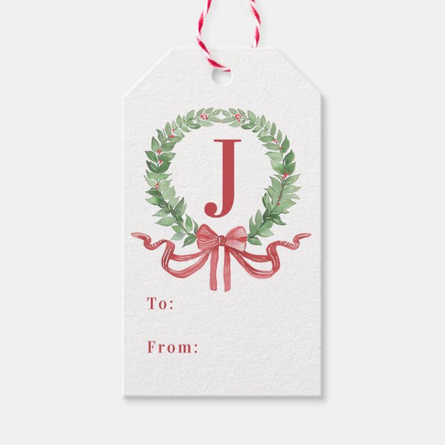 Étiquettes-cadeau Monogramme de couronne de Noël (Devant)