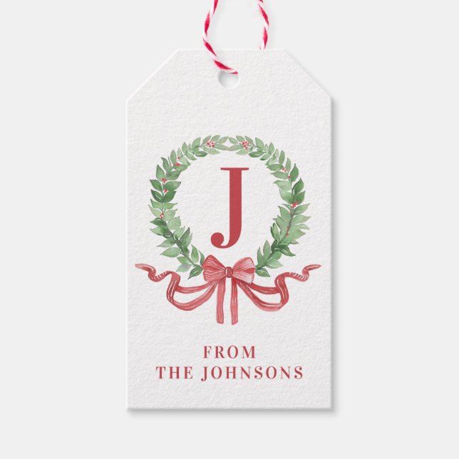 Étiquettes-cadeau Monogramme de couronne de Noël avec nom (Devant)