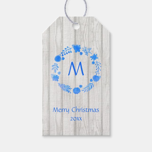 Étiquettes-cadeau Monogramme de couronne de Noël rustique (Devant)