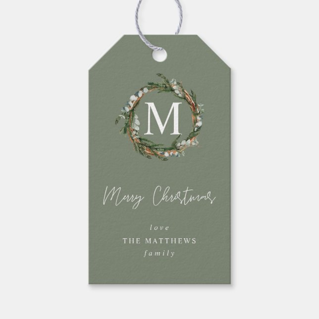 Étiquettes-cadeau Monogramme de la couronne d'eucalyptus gris (Devant)