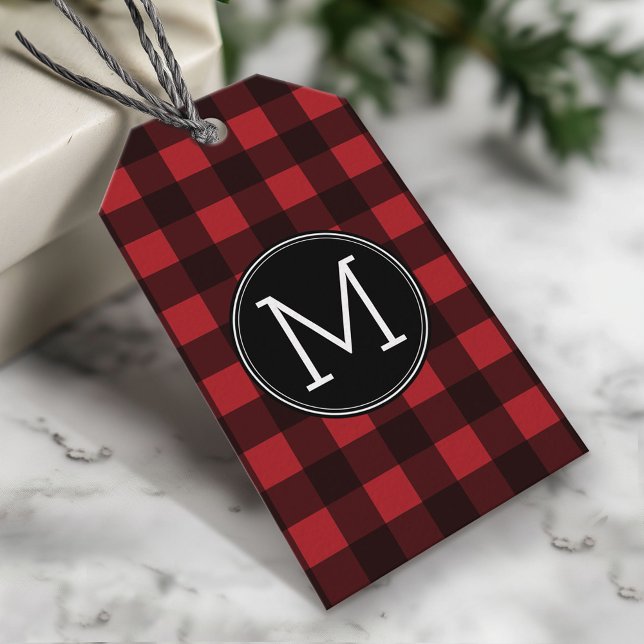 Étiquettes-cadeau Monogramme de Motif de buffle rouge et noir rustiq (Custom Gift Tag)