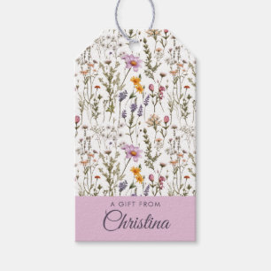 Étiquettes-cadeau Monogramme de nom de fleur sauvage aquarelle rose
