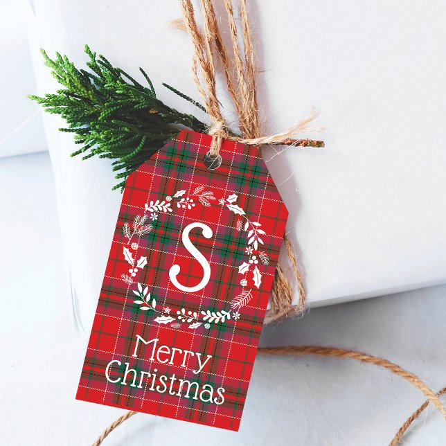 Étiquettes-cadeau Monogramme du feuillage vert rouge du pays (Country Festive Red Green Plaid Foliage Monogram Gift Tags)