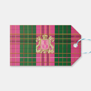 Étiquettes-cadeau Monogramme élégant à carreaux roses et verts