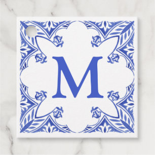 Étiquettes Cadeau Monogramme en tuiles florales bleues et blanches