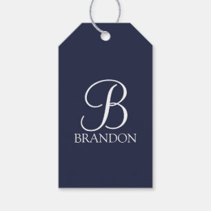 Étiquettes-cadeau Monogramme et nom de script personnalisé bleu mari