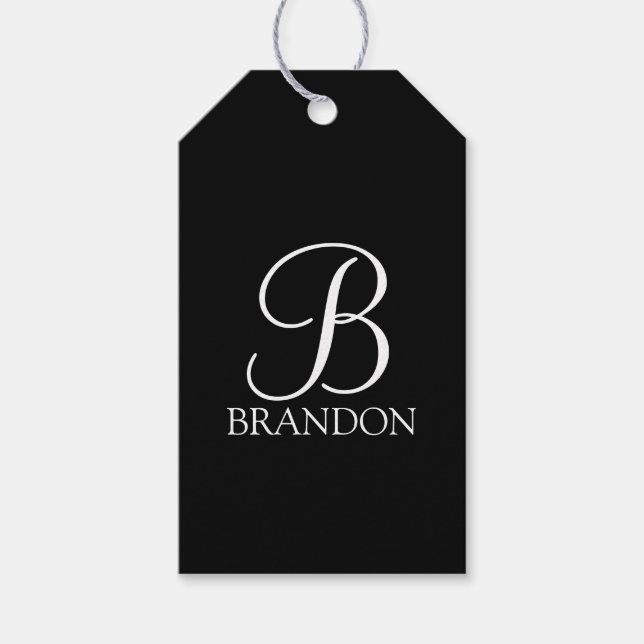 Étiquettes-cadeau Monogramme et nom de script personnalisé noir (Devant)