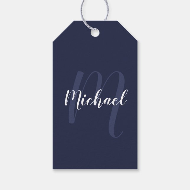 Étiquettes-cadeau Monogramme et nom personnalisés bleu marine (Devant)