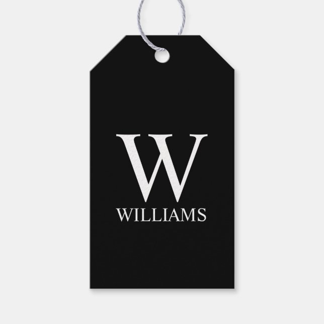 Étiquettes-cadeau Monogramme et nom personnalisés en noir (Devant)