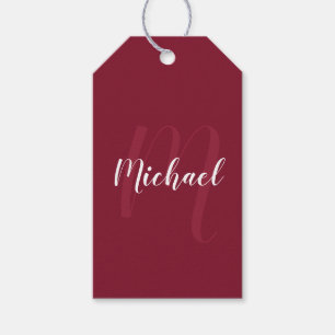 Étiquettes-cadeau Monogramme et nom personnalisés en rouge bordeaux