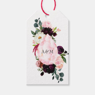 Étiquettes-cadeau Monogramme floral diamant rose et Bourgogne