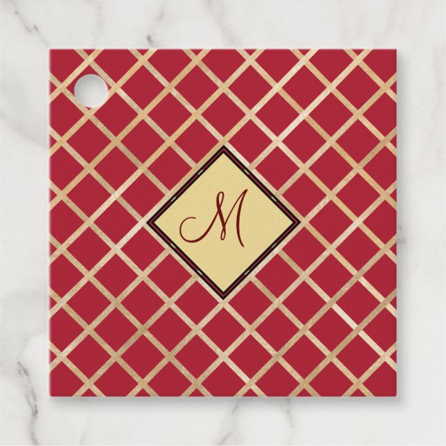 Étiquettes Cadeau Monogramme géométrique diamant rouge personnalisé (Devant)
