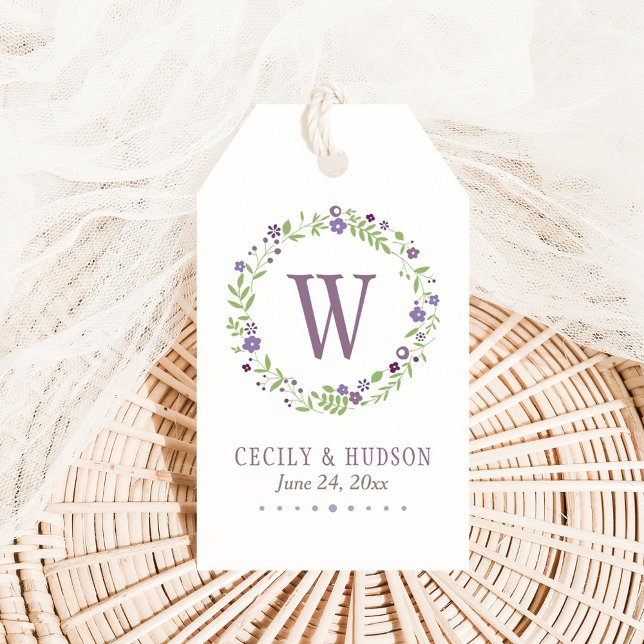 Étiquettes-cadeau Monogramme Mariage de germe vert violet rustique (Créateur téléchargé)