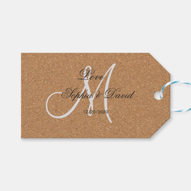 Étiquettes-cadeau Monogramme Mariage de liège à vin rustique (Devant (Horizontal))