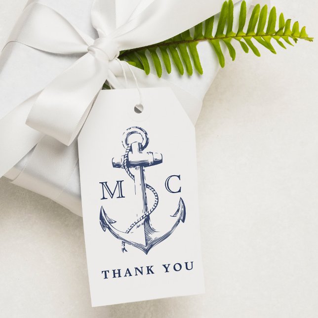 Étiquettes-cadeau Monogramme Marine Bleu Ancre  Merci (Créateur téléchargé)