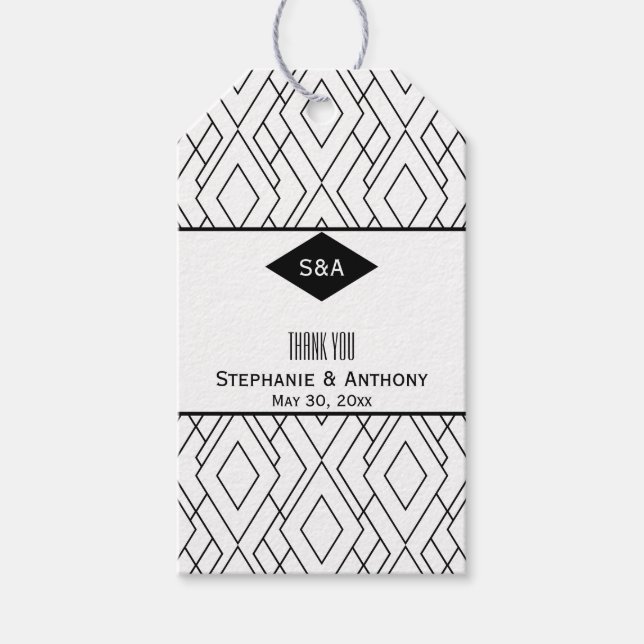 Étiquettes-cadeau Monogramme Merci Art déco noir et blanc (Devant)
