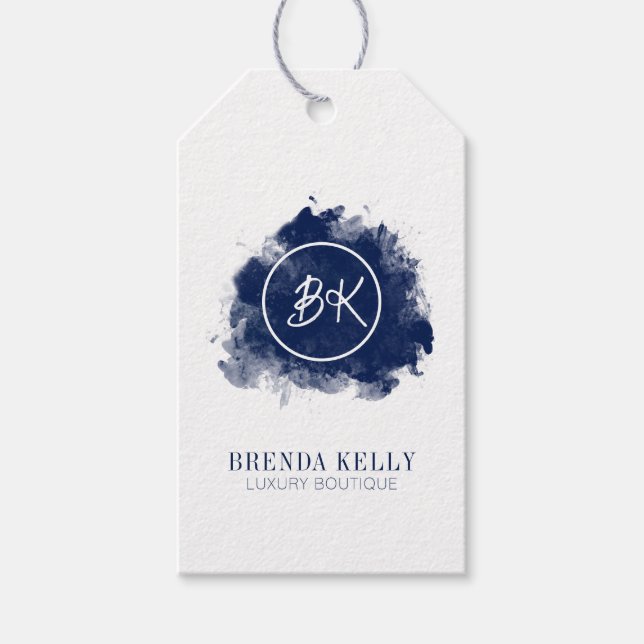 Étiquettes-cadeau Monogramme moderne chic Marine & Blanc QR Code (Devant)