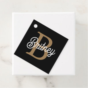 Étiquettes Cadeau Monogramme moderne élégant Nom Black Gold Script