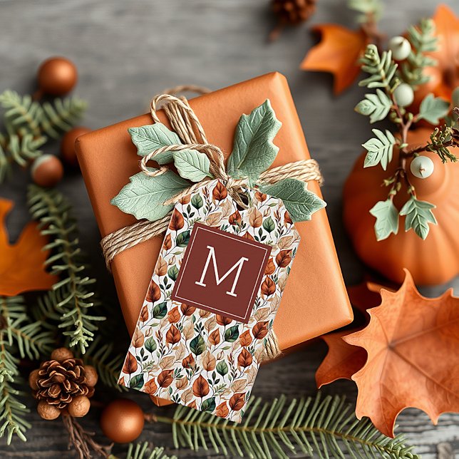 Étiquettes-cadeau Monogramme motif feuilles de terre cuite et sauge  (Créateur téléchargé)