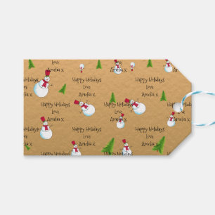 Étiquettes-cadeau Monogramme Noël Bonhomme de Neige en Or
