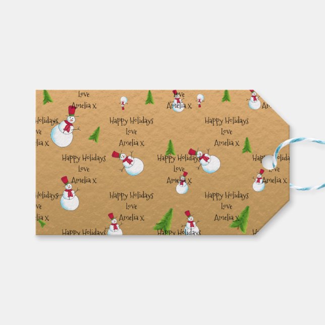 Étiquettes-cadeau Monogramme Noël Bonhomme de Neige en Or (Devant (Horizontal))
