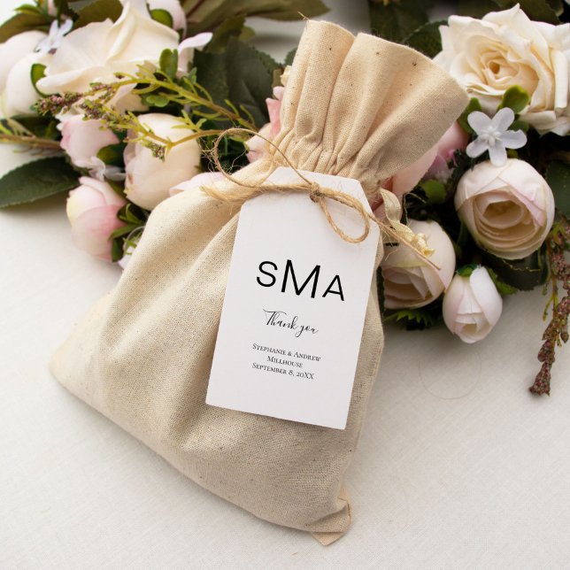 Étiquettes-cadeau Monogramme noir blanc Mariage classique (Monogram Wedding Thank you gift tag. Add your initials, Names and wedding date)
