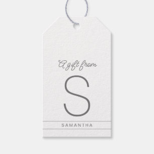 Étiquettes-cadeau Monogramme personnalisé blanc et gris Nom initial