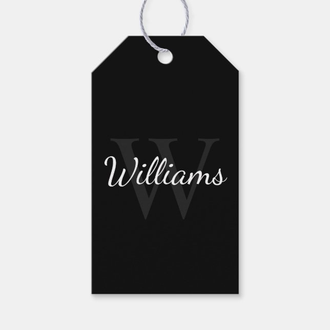 Étiquettes-cadeau Monogramme personnalisé et nom noir (Devant)