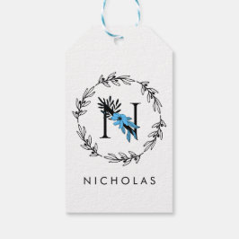 Étiquettes-cadeau Monogramme personnalisé floral bleu - Lettre N