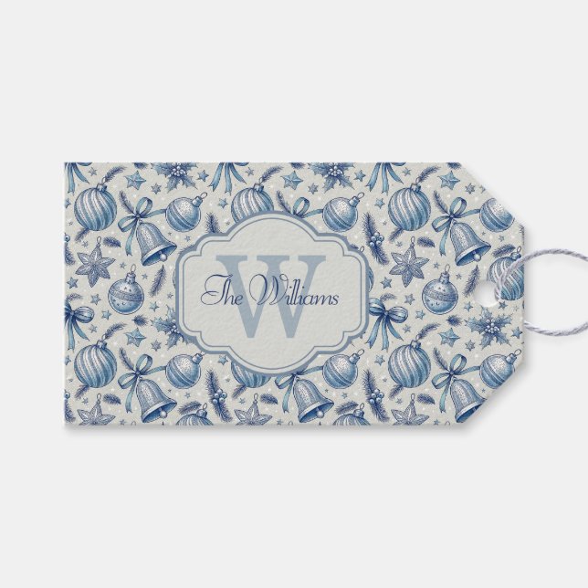 Étiquettes-cadeau Monogramme personnalisé Toile Bleue Ornements de N (Devant (Horizontal))