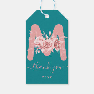 Étiquettes-cadeau Monogramme Rose Turquoise en or Floral