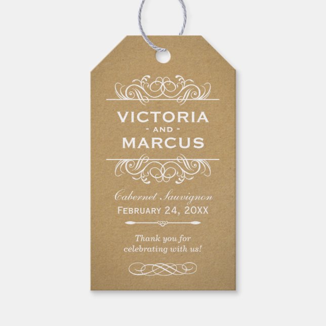 Étiquettes-cadeau Monogramme Rustique Kraft Mariage bouteille de vin (Devant)