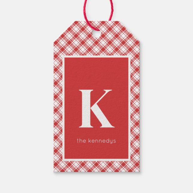 Étiquettes-cadeau Monogramme rustique rouge et blanc plaqué (Devant)