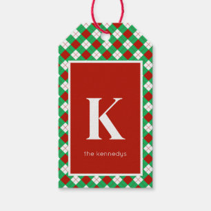 Étiquettes-cadeau Monogramme rustique rouge vert et blanc plaqué