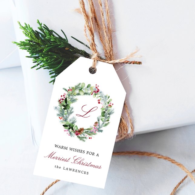 Étiquettes-cadeau Monogramme Vacances hiver verdure Wreath (Monogram Winter Greenery Wreath Holiday Gift Tags)