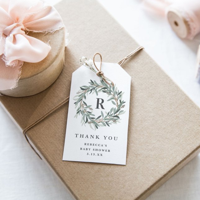 Étiquettes-cadeau Monogramme Verdure Baby shower de couronne Merci (Créateur téléchargé)