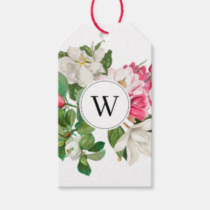 Étiquettes-cadeau Monogramme vintage blanc et rose des fleurs de Mag