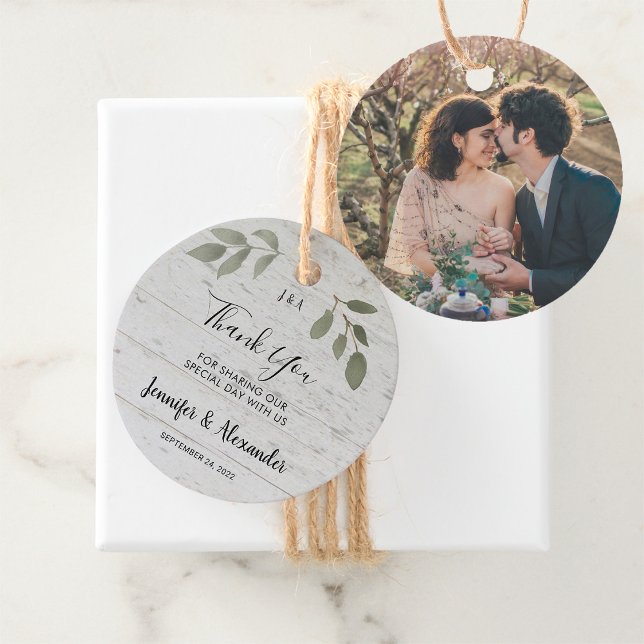 Étiquettes Cadeau Monographie botanique rustique mariage photo merci (Rustic botanical barn wood photo thank you wedding gift  tag.)