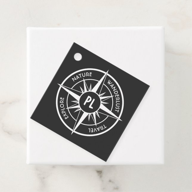 Étiquettes Cadeau Monographie d'emblème de compas noir et blanc (En situation)