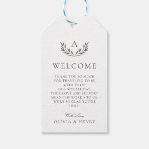 Étiquettes-cadeau Monongramme élégant et Mariage gris Feuille Bienve