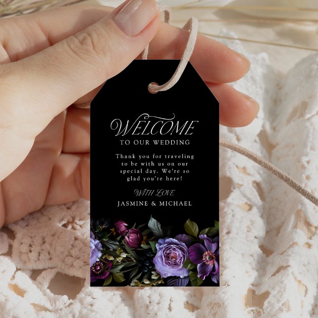 Étiquettes-cadeau Moody Gothic Purple Floral Mariage Bienvenue (Créateur téléchargé)