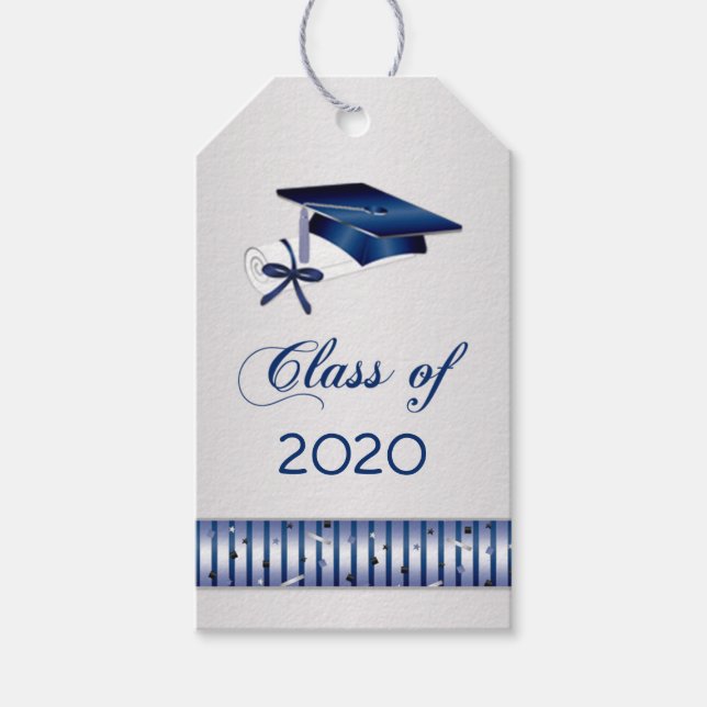 Étiquettes-cadeau Mortier bleu argent, diplôme Graduation (Devant)
