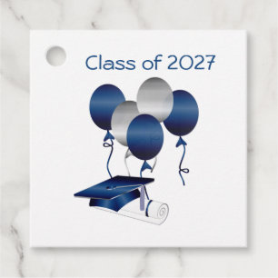 Étiquettes Cadeau Mortier bleu argenté, diplôme, ballons Classe de