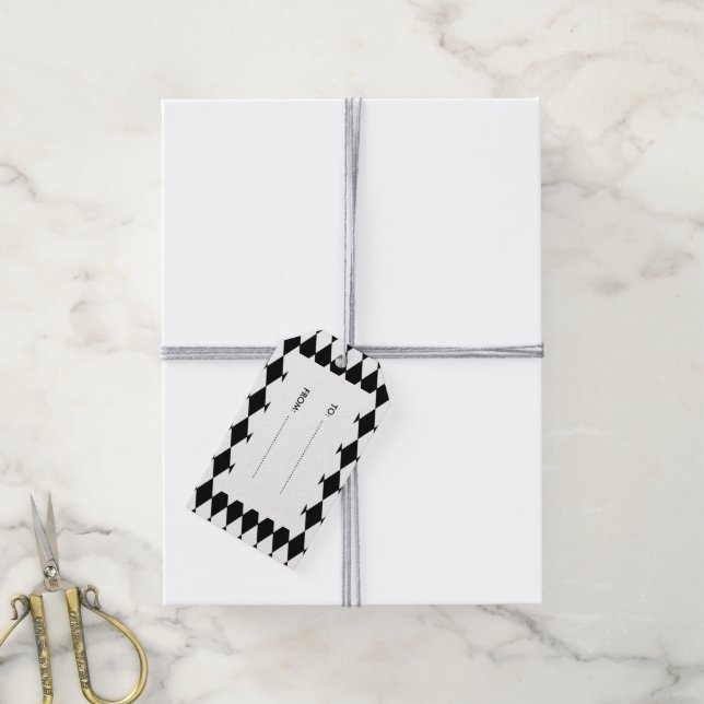 Étiquettes-cadeau Motif arlequin noir blanc (Avec de la ficelle)