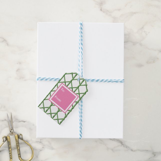 Étiquettes-cadeau Motif bambou treillis vert prépa (Avec de laficelle)