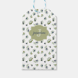 Étiquettes-cadeau Motif chic aquarelle Monogramme nom Vert Olive