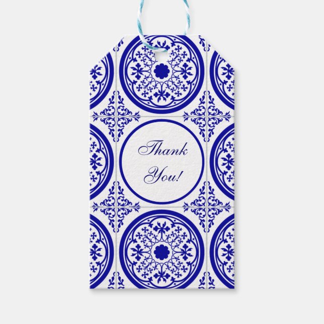 Étiquettes-cadeau Motif de carreaux de Merci bleu blanc (Devant)