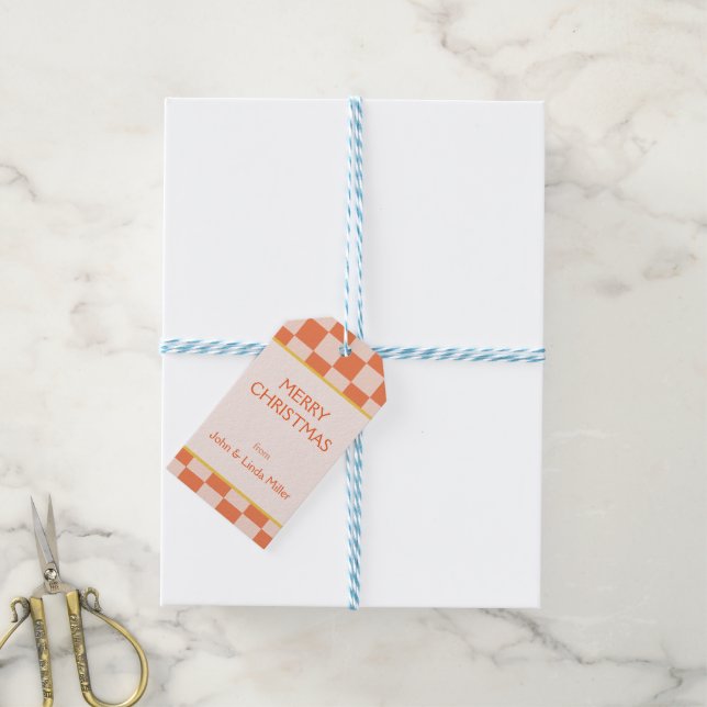 Étiquettes-cadeau Motif de chèques rétro orange de Noël (Avec de laficelle)