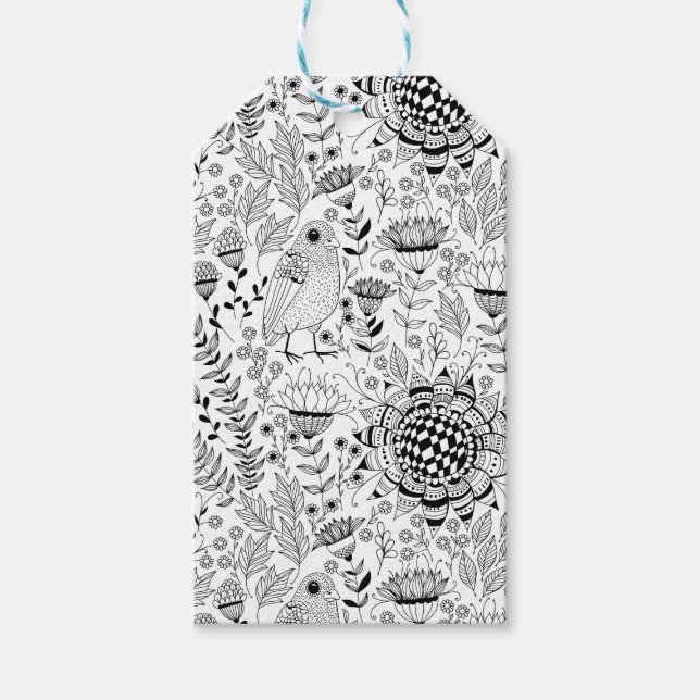 Étiquettes-cadeau Motif de doodle d'oiseaux et de fleurs (Devant)